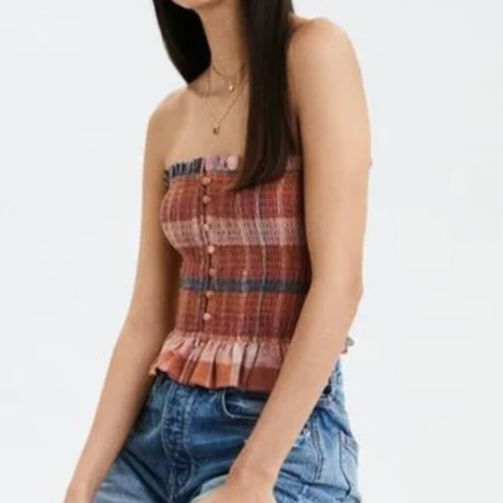 American Eagle Boho Plaid Cotton Peplum Cottage Smocked Tube Top